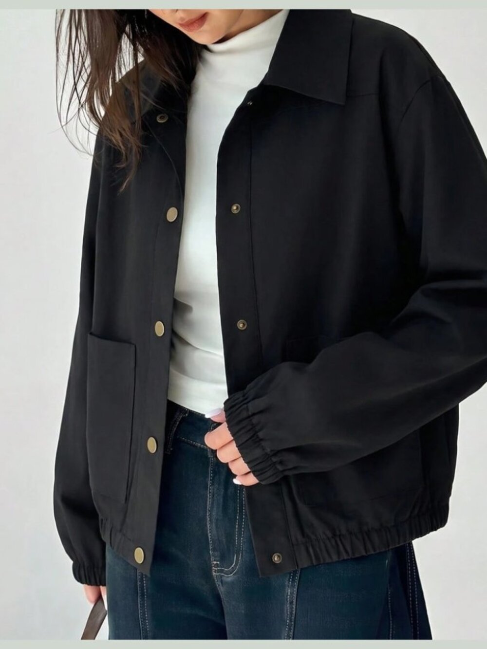 Black Button Front Bomber Jacket with Collar and Elastic Cuffs